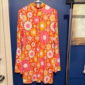 Floral Long-Sleeve Dress - Pink, Orange, Yellow